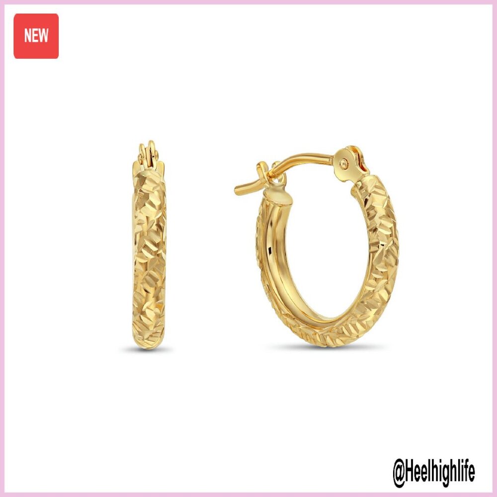 14k Gold Diamond-Cut Hoop Earrings 0.5 Inch Diameter
